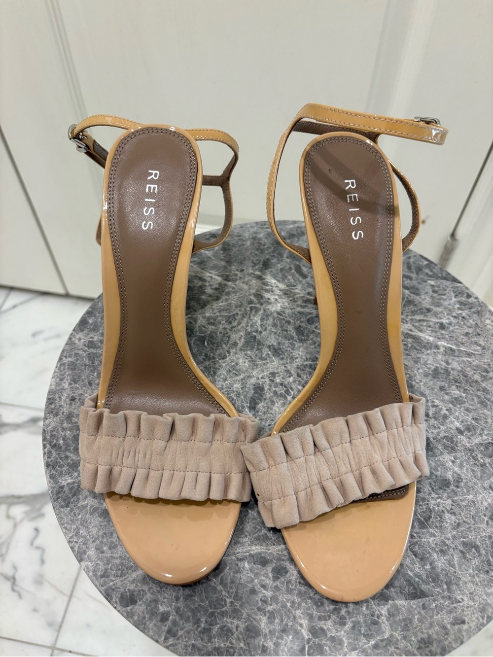 REISS Suede Nude Ruffle Strap Ankle High Heel Sandals